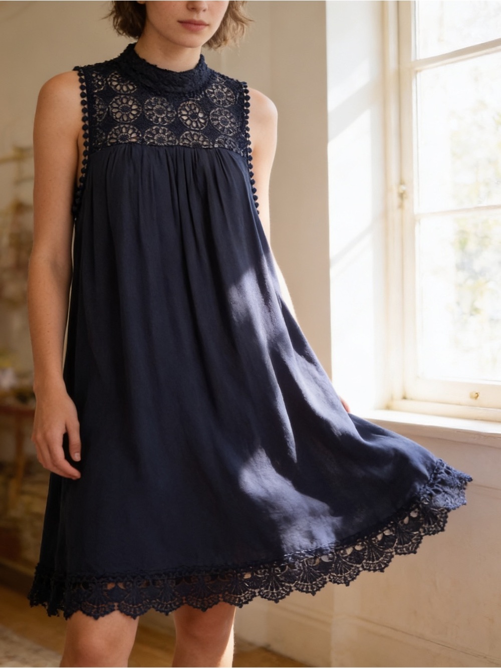 Blue Crochet Lace Babydoll Sleeveless Flowy Swing Summer Wedding Cocktail Dress